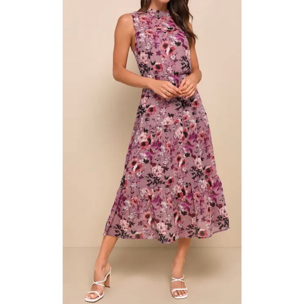Lulus Mauve Floral Midi Dress Sleeveless Mock Neck Size Small NWT